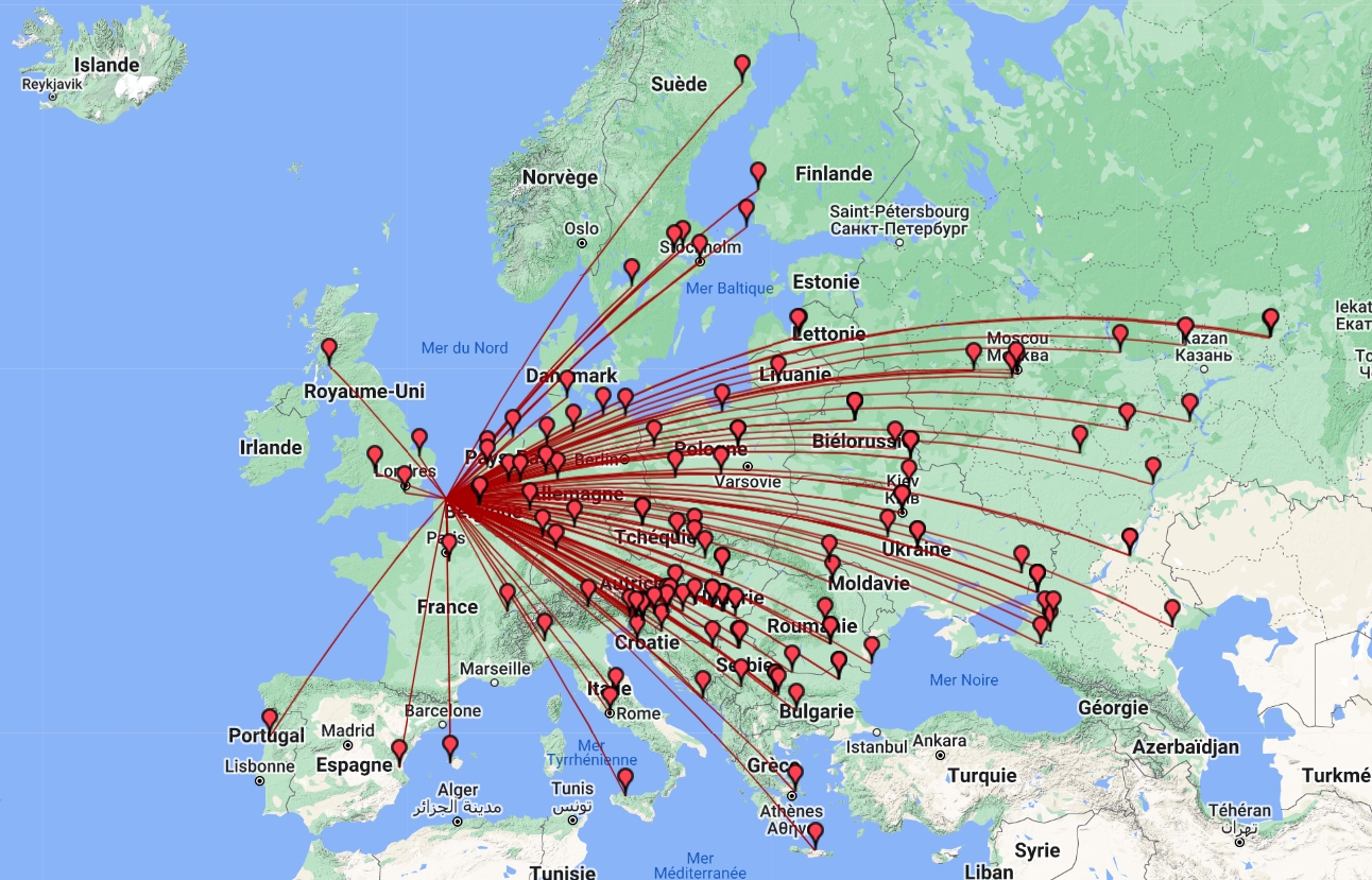 Carte des QSO   EU HF Contest 2024 de F6UGW