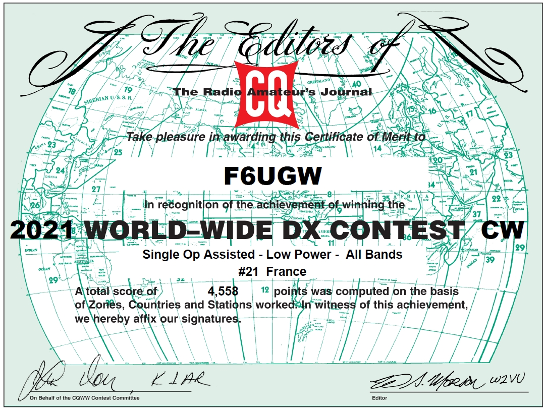 Certificat CQ WW CW 2021 de F6UIGW