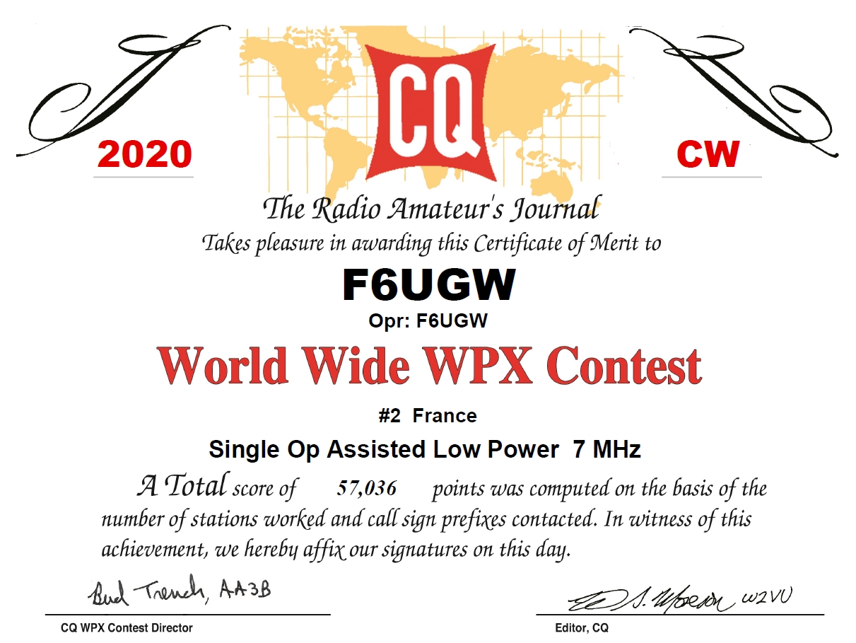 Certificat CQWPX CW 2020 de F6UGW